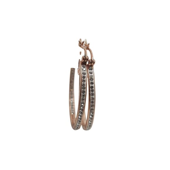 Rose Gold Tone Hoop Earrings With Rhinestone Accents 1.5" Diameter - Picture 2 of 6